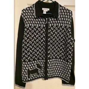 VTG Coldwater Creek Womens Scottie Dog Sweater Full Zip Cardigan Black Sz Large